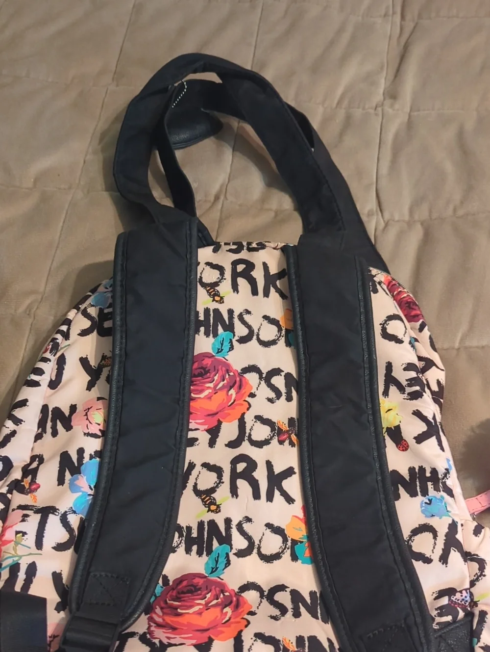 Betsey Johnson Pink Floral Logo Backpack with Black Trim and Heart Charm